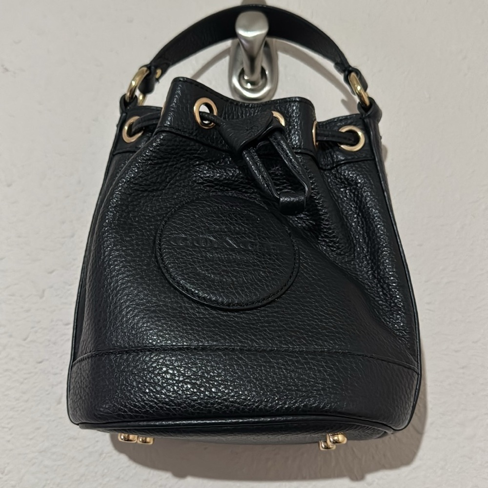 Coach Dempsey Drawing String Mini Bucket Bag 15 Black Pebbled Leather